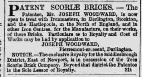 Scoria brick advert Northern Echo, 1 November 1873