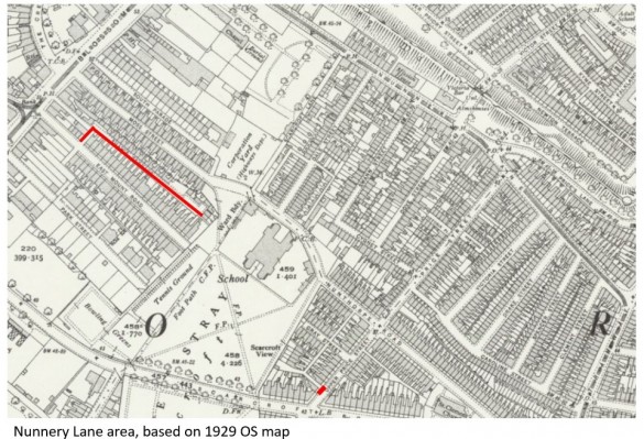 Nunnery Lane area locations of scoria bricks