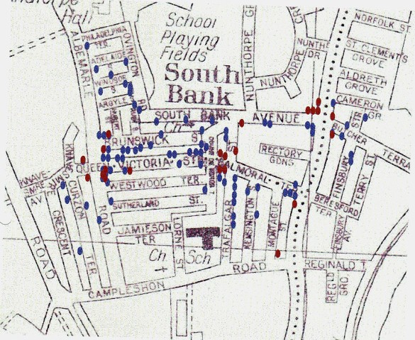 The map of South Bank shows current shops/businesses (red dots) and former shops (blue dots).