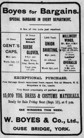 Boyes Store Advert Yorkshire Evening Press 6 Sept 1912